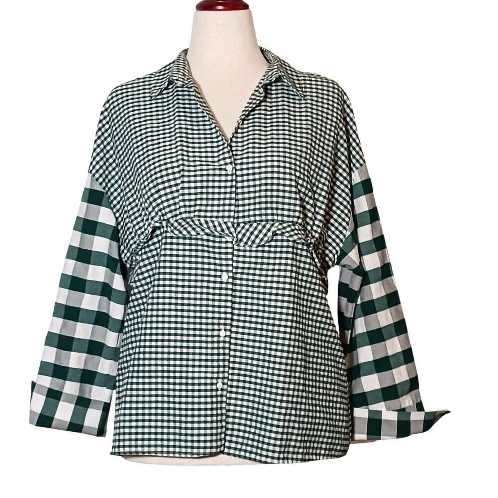 Zara Trafaluc Mixed Plaid Gingham Checkered Ruffle Detail Button Down Blouse‎ L